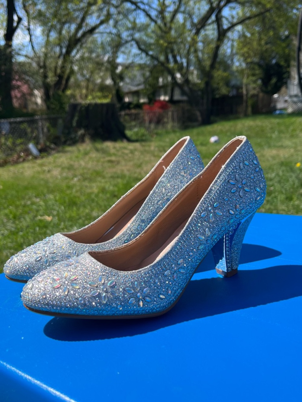 Crystal Embellished Light Blue Glitter Pumps